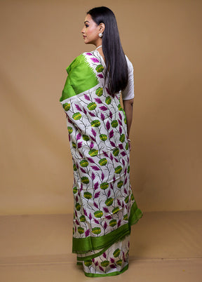 White Printed Pure Silk Saree Without Blouse Piece