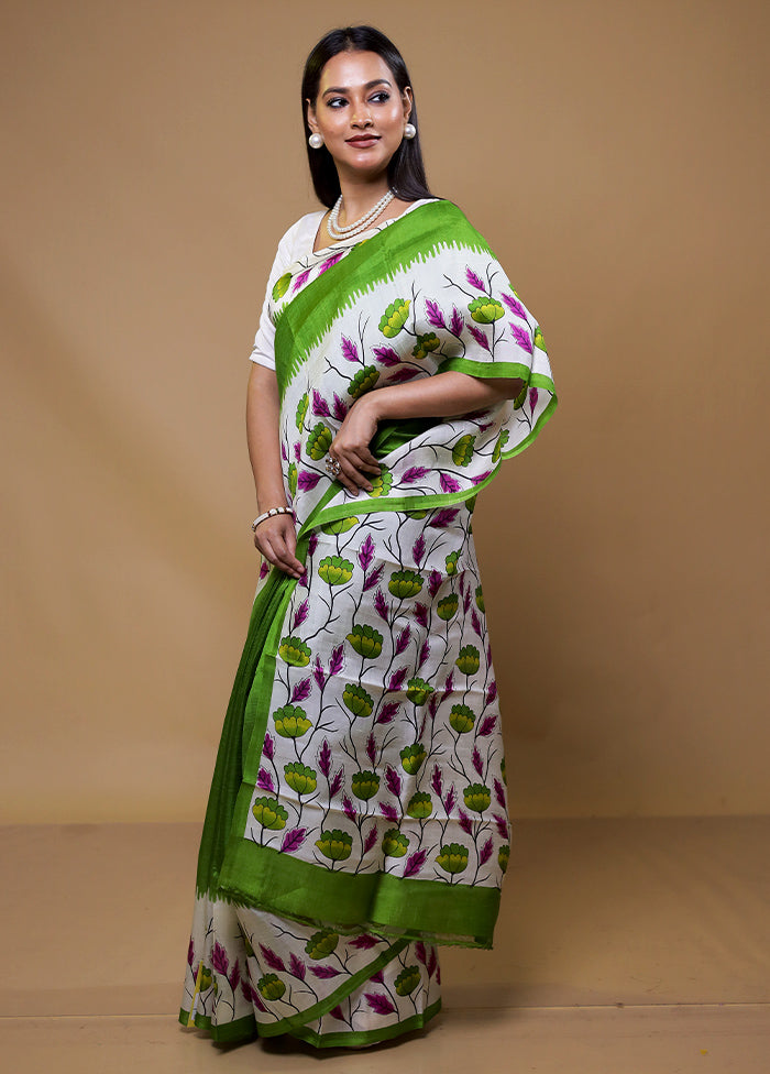 White Printed Pure Silk Saree Without Blouse Piece