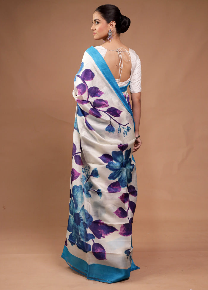 Cream Printed Pure Silk Saree Without Blouse Piece