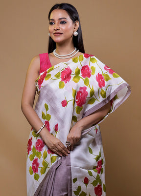 White Printed Pure Silk Saree Without Blouse Piece