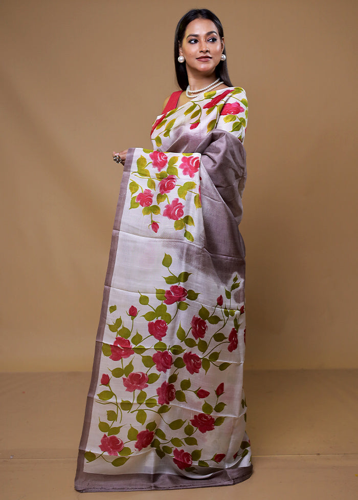 White Printed Pure Silk Saree Without Blouse Piece