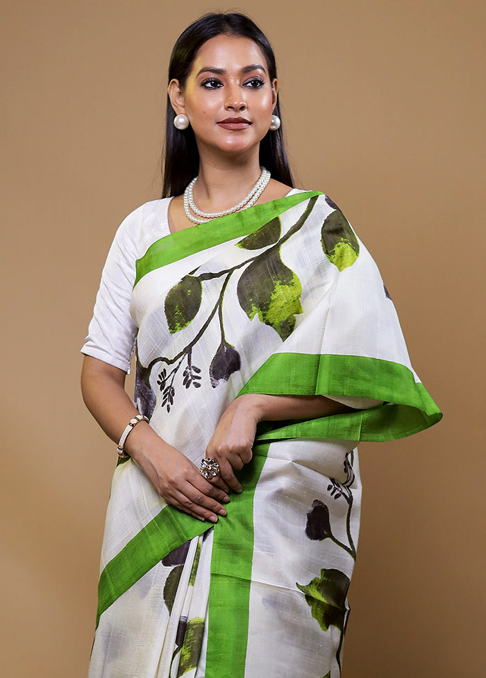 White Printed Pure Silk Saree With Blouse Piece