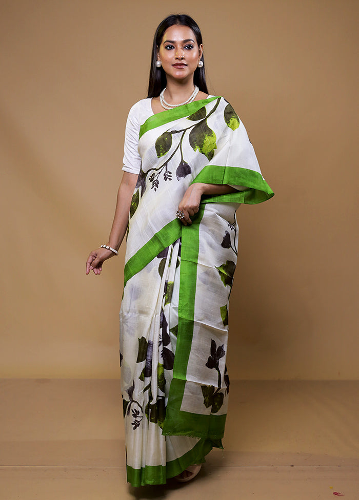 White Printed Pure Silk Saree With Blouse Piece