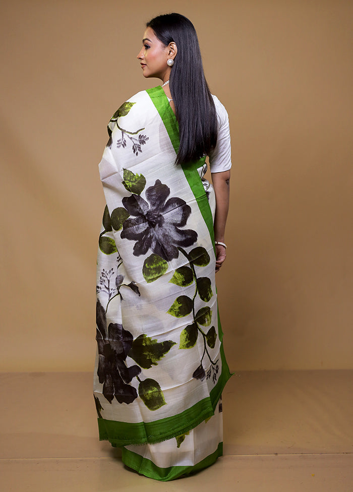White Printed Pure Silk Saree With Blouse Piece