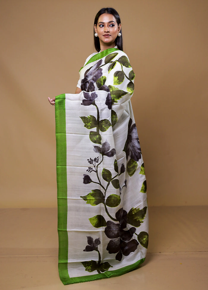 White Printed Pure Silk Saree With Blouse Piece