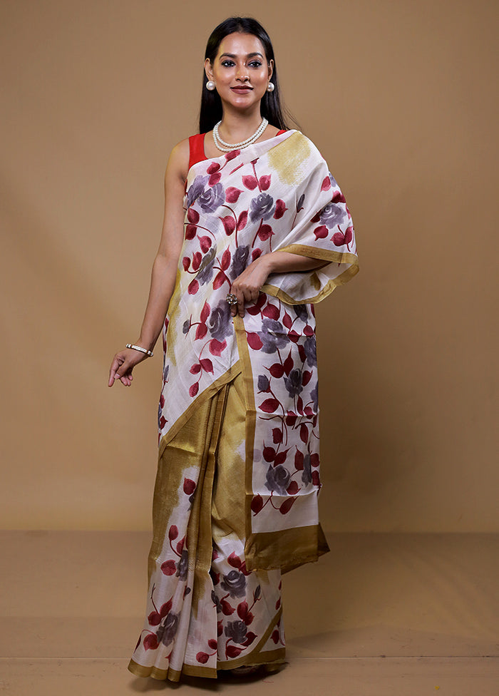 White Printed Pure Silk Saree Without Blouse Piece