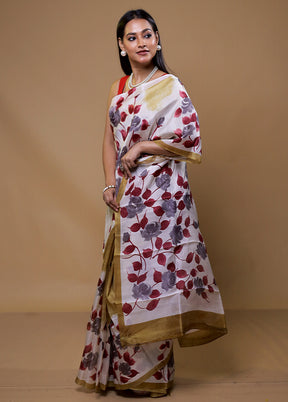 White Printed Pure Silk Saree Without Blouse Piece