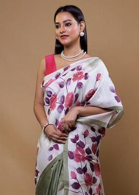 White Printed Pure Silk Saree Without Blouse Piece