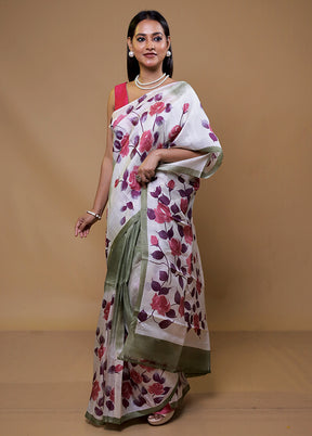 White Printed Pure Silk Saree Without Blouse Piece