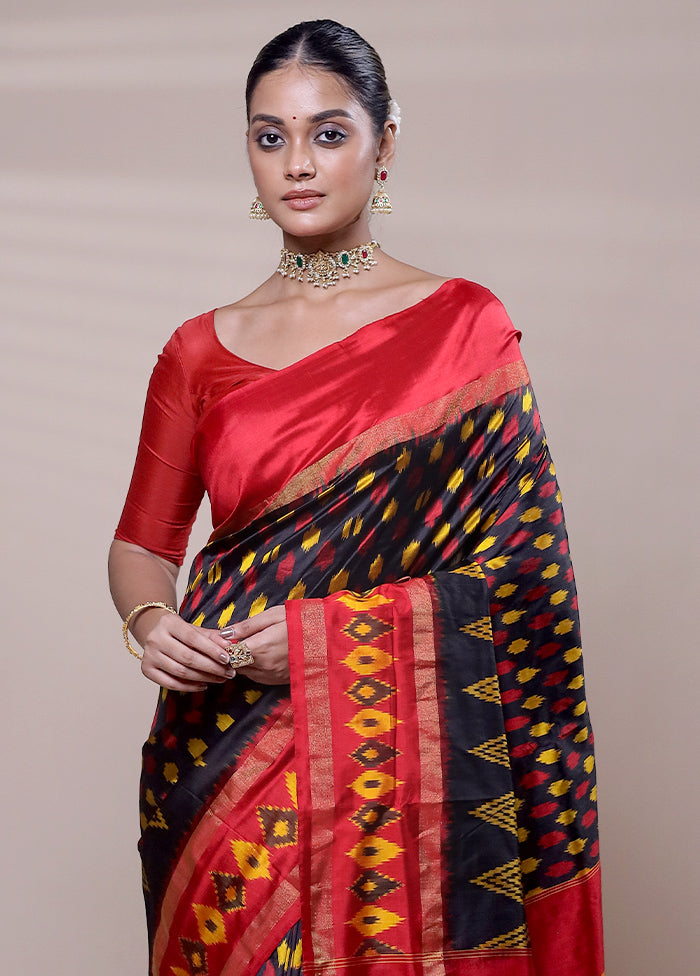 Black Handloom Ikkat Pure Silk Saree With Blouse Piece