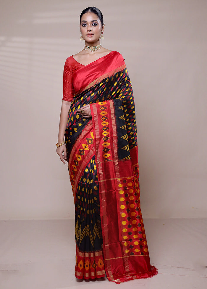 Black Handloom Ikkat Pure Silk Saree With Blouse Piece