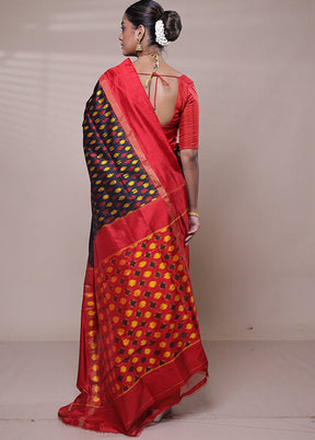 Black Handloom Ikkat Pure Silk Saree With Blouse Piece