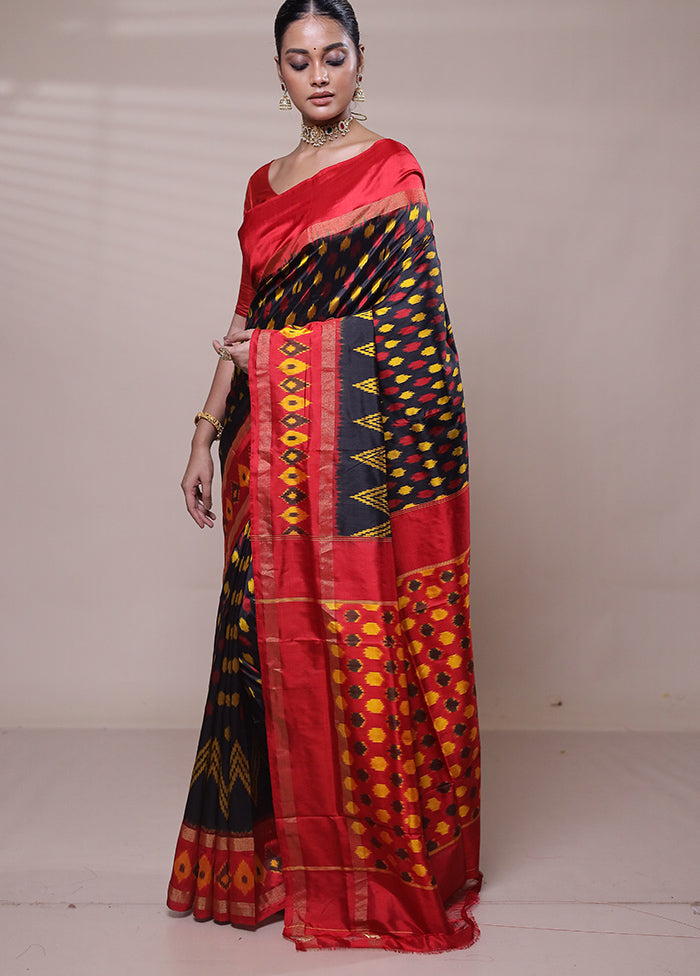 Black Handloom Ikkat Pure Silk Saree With Blouse Piece