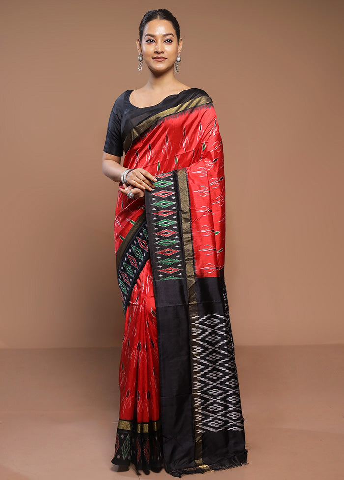 Red Handloom Ikkat Pure Silk Saree With Blouse Piece