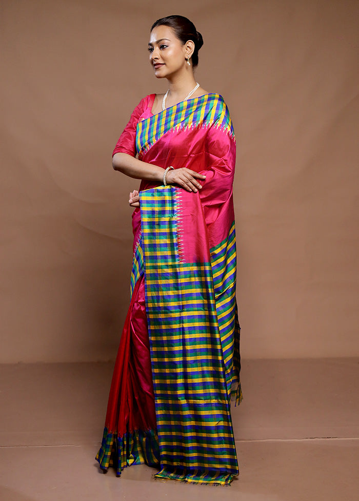 Pink Handloom Ikkat Pure Silk Saree With Blouse Piece