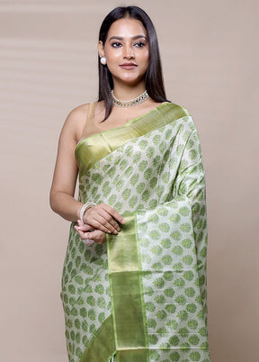 Green Dupion Silk Saree With Blouse Piece