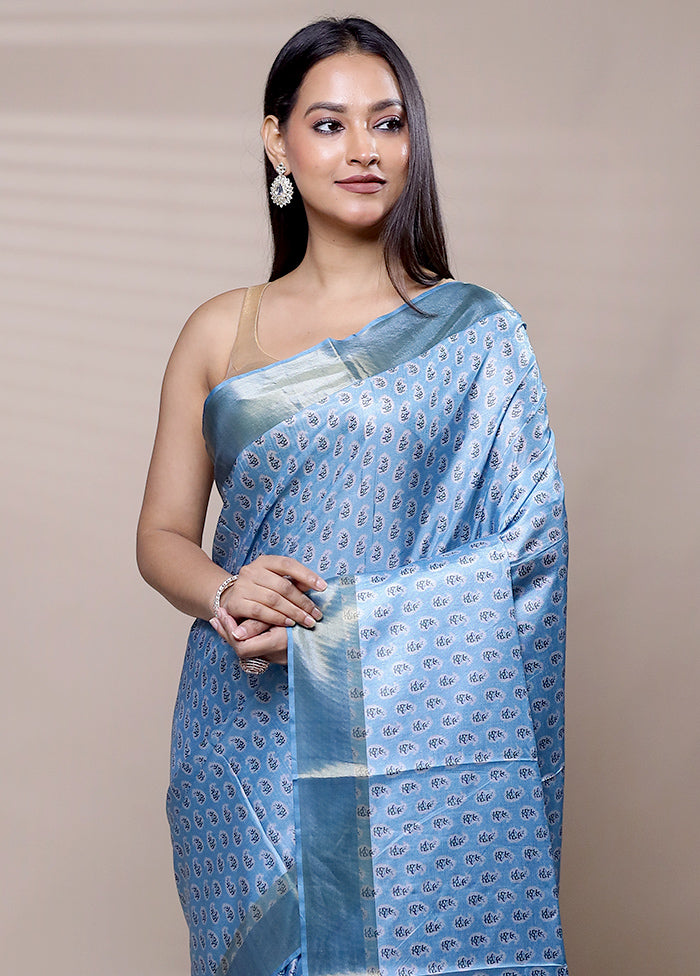 Blue Dupion Silk Saree With Blouse Piece