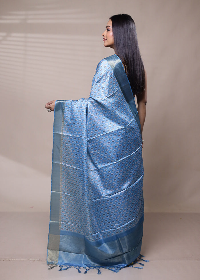 Blue Dupion Silk Saree With Blouse Piece