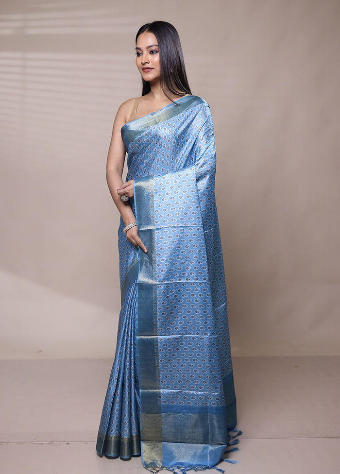 Blue Dupion Silk Saree With Blouse Piece