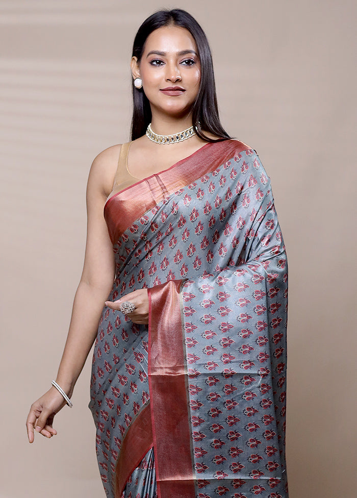 Grey Dupion Silk Saree With Blouse Piece