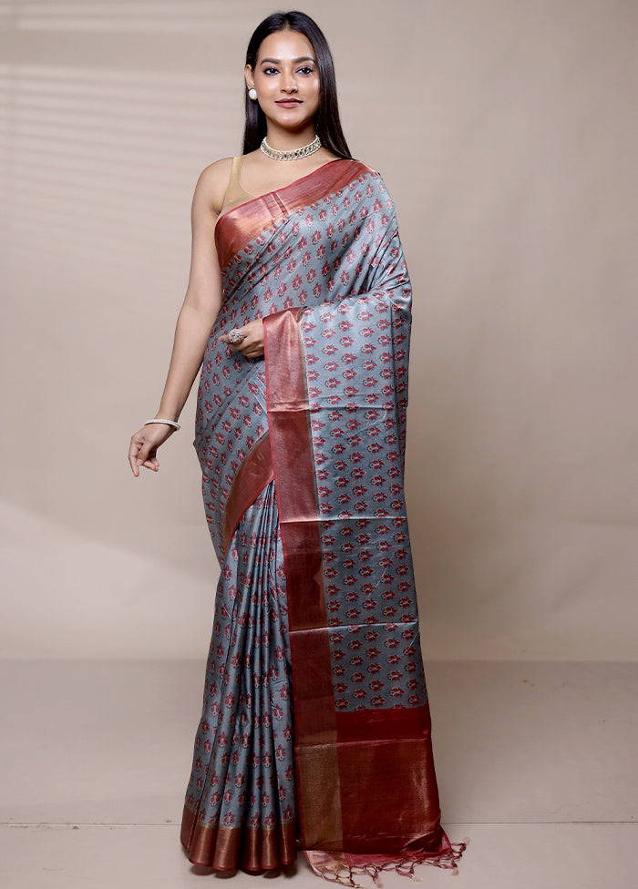 Grey Dupion Silk Saree With Blouse Piece