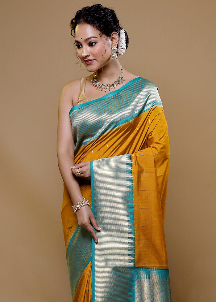 Yellow Dupion Silk Saree With Blouse Piece