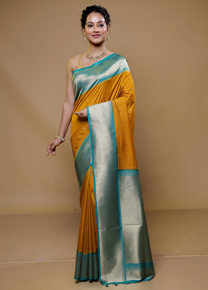 Yellow Dupion Silk Saree With Blouse Piece