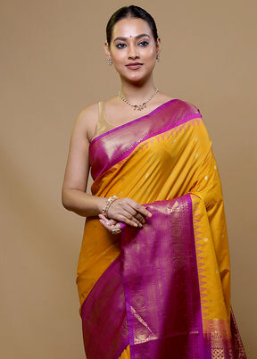 Yellow Gadwal Silk Saree Without Blouse Piece