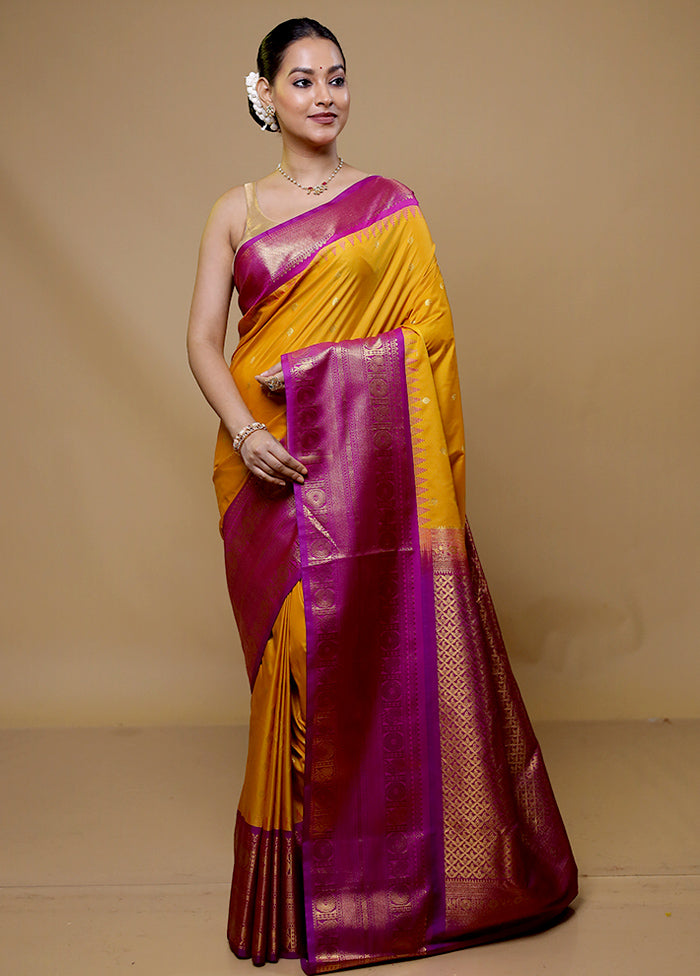 Yellow Gadwal Silk Saree Without Blouse Piece