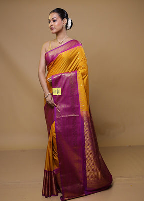 Yellow Gadwal Silk Saree Without Blouse Piece