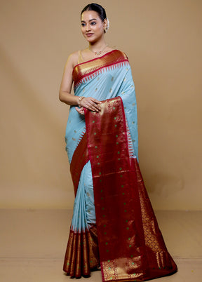 Blue Gadwal Silk Saree Without Blouse Piece