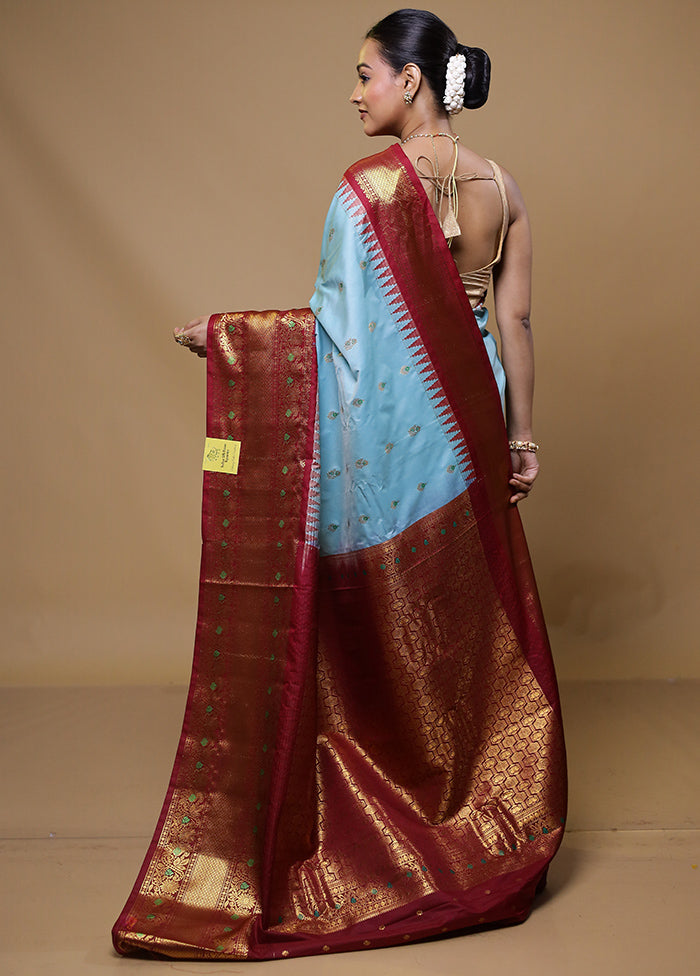 Blue Gadwal Silk Saree Without Blouse Piece