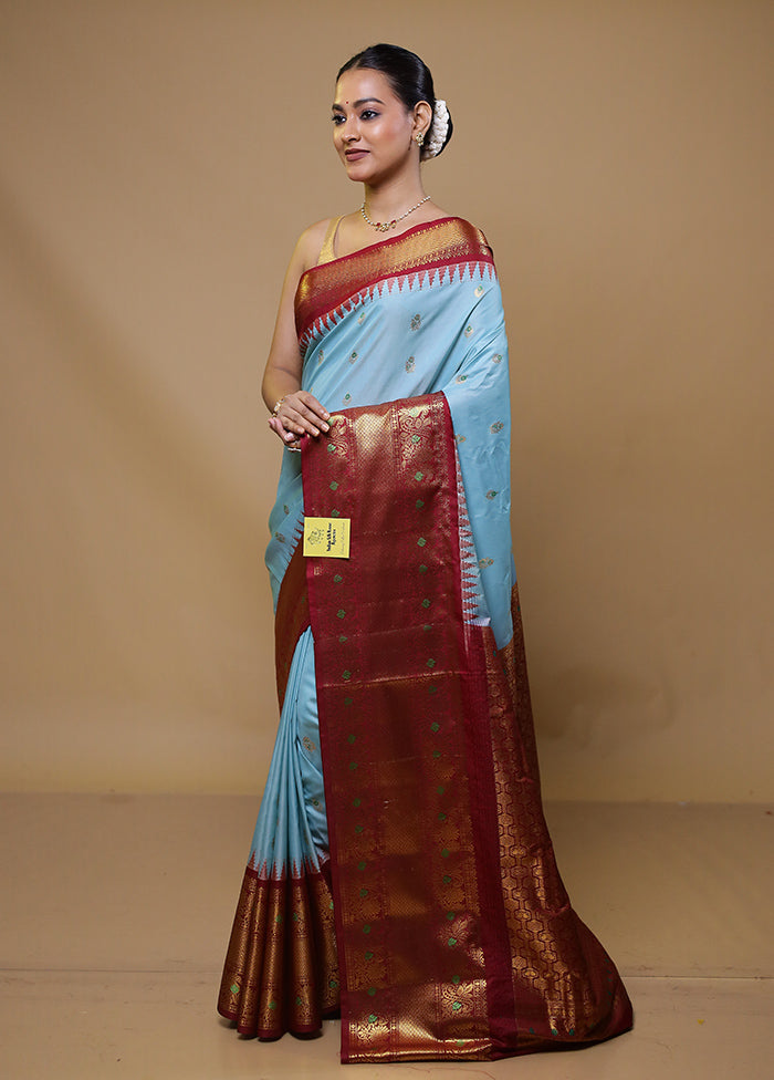 Blue Gadwal Silk Saree Without Blouse Piece