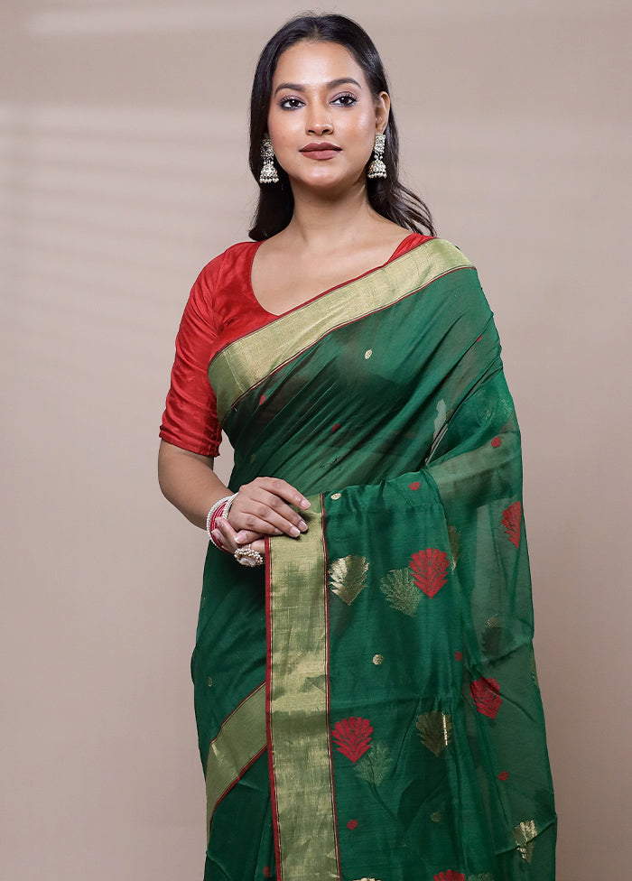 Green Chanderi Cotton Saree With Blouse Piece