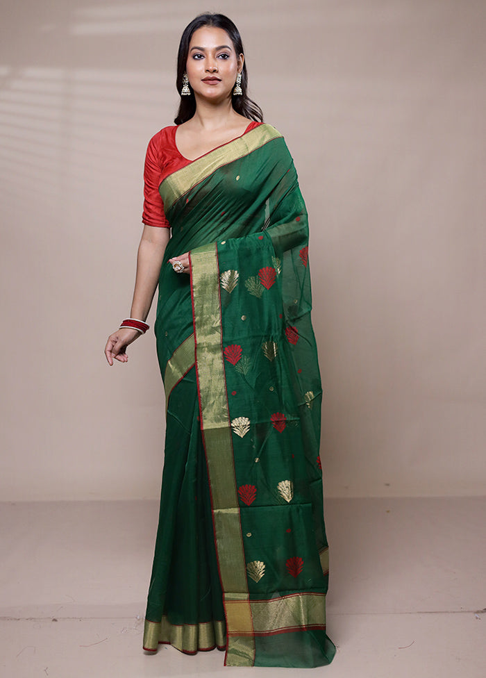 Green Chanderi Cotton Saree With Blouse Piece