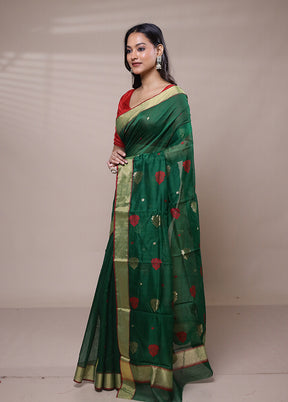 Green Chanderi Cotton Saree With Blouse Piece