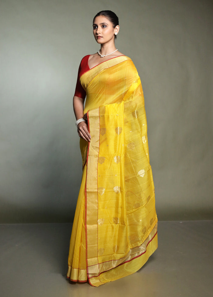 Yellow Chanderi Cotton Saree With Blouse Piece