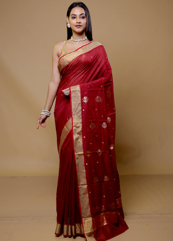 Red Chanderi Cotton Saree With Blouse Piece