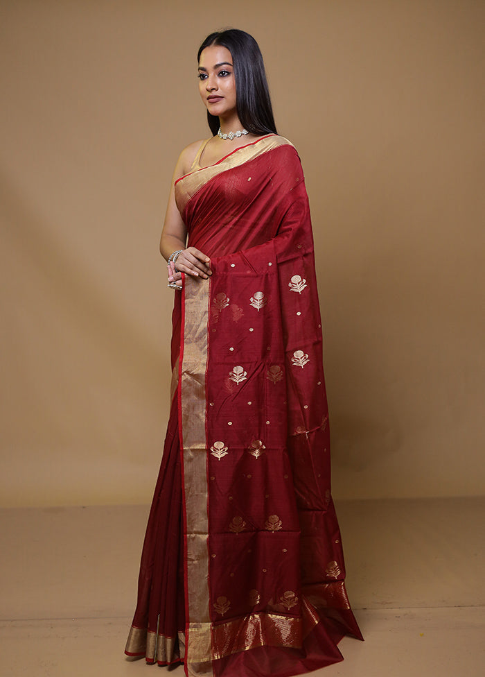 Red Chanderi Cotton Saree With Blouse Piece