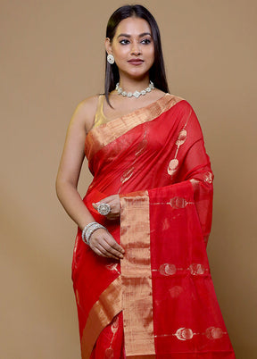 Red Chanderi Cotton Saree With Blouse Piece