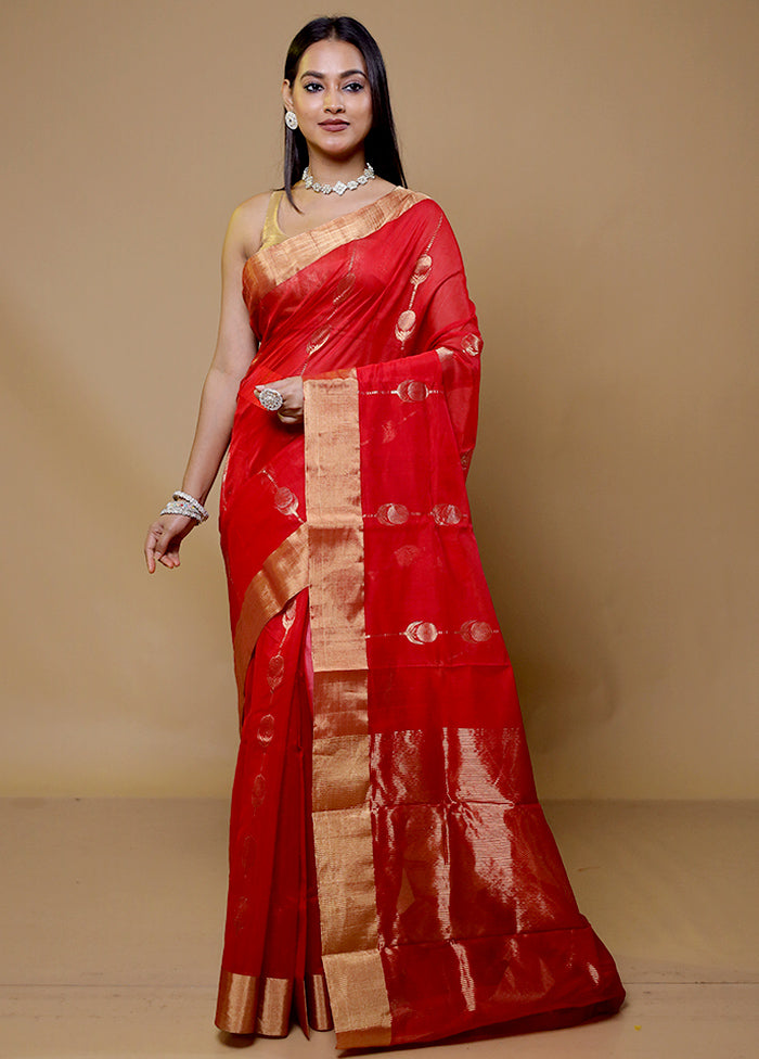 Red Chanderi Cotton Saree With Blouse Piece