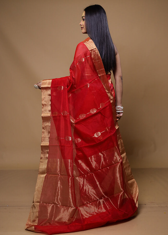 Red Chanderi Cotton Saree With Blouse Piece