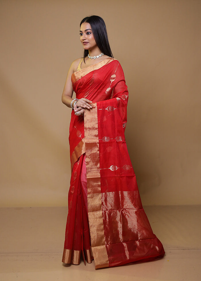 Red Chanderi Cotton Saree With Blouse Piece