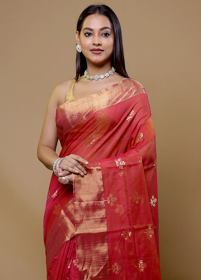 Red Chanderi Cotton Saree With Blouse Piece