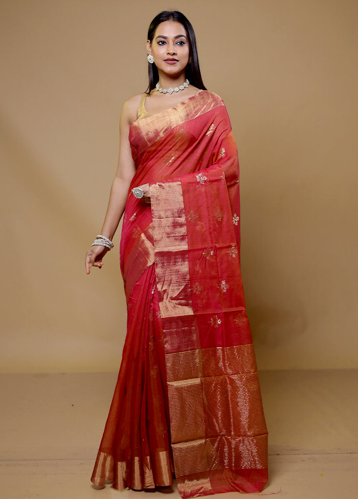 Red Chanderi Cotton Saree With Blouse Piece