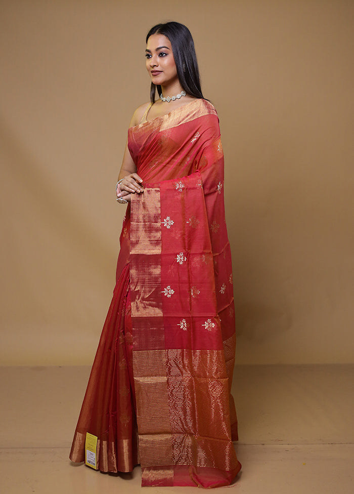 Red Chanderi Cotton Saree With Blouse Piece