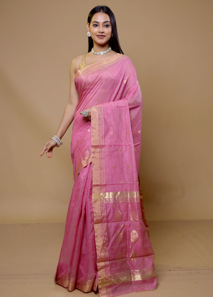 Pink Chanderi Cotton Saree With Blouse Piece