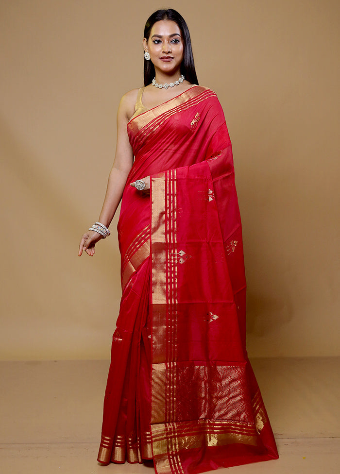 Red Chanderi Cotton Saree With Blouse Piece