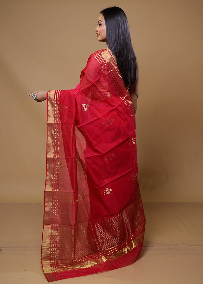 Red Chanderi Cotton Saree With Blouse Piece