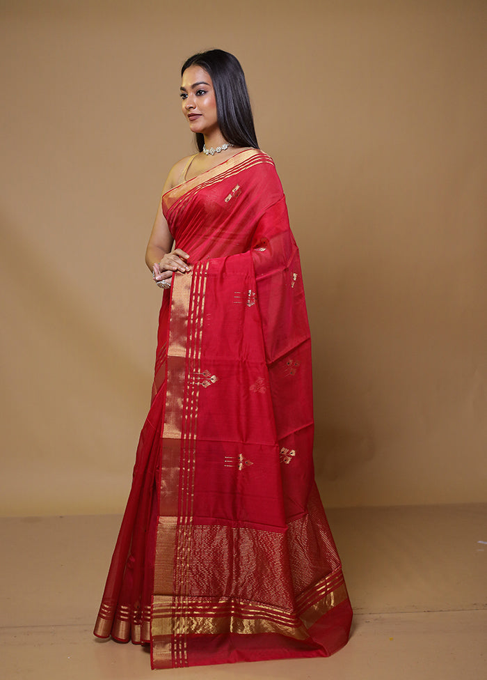 Red Chanderi Cotton Saree With Blouse Piece